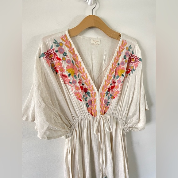 New World Market Mira Ivory Floral Embordered Kaftan Dress L/XL Linen Blend - Picture 3 of 6